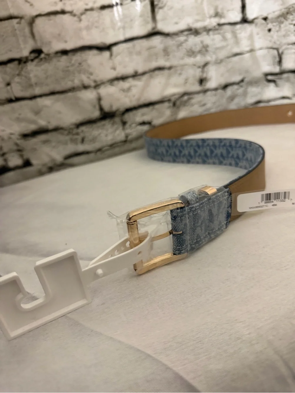 Michael Kors Men's Denim Blue MK Logo Belt with Gold Hardware M 40”